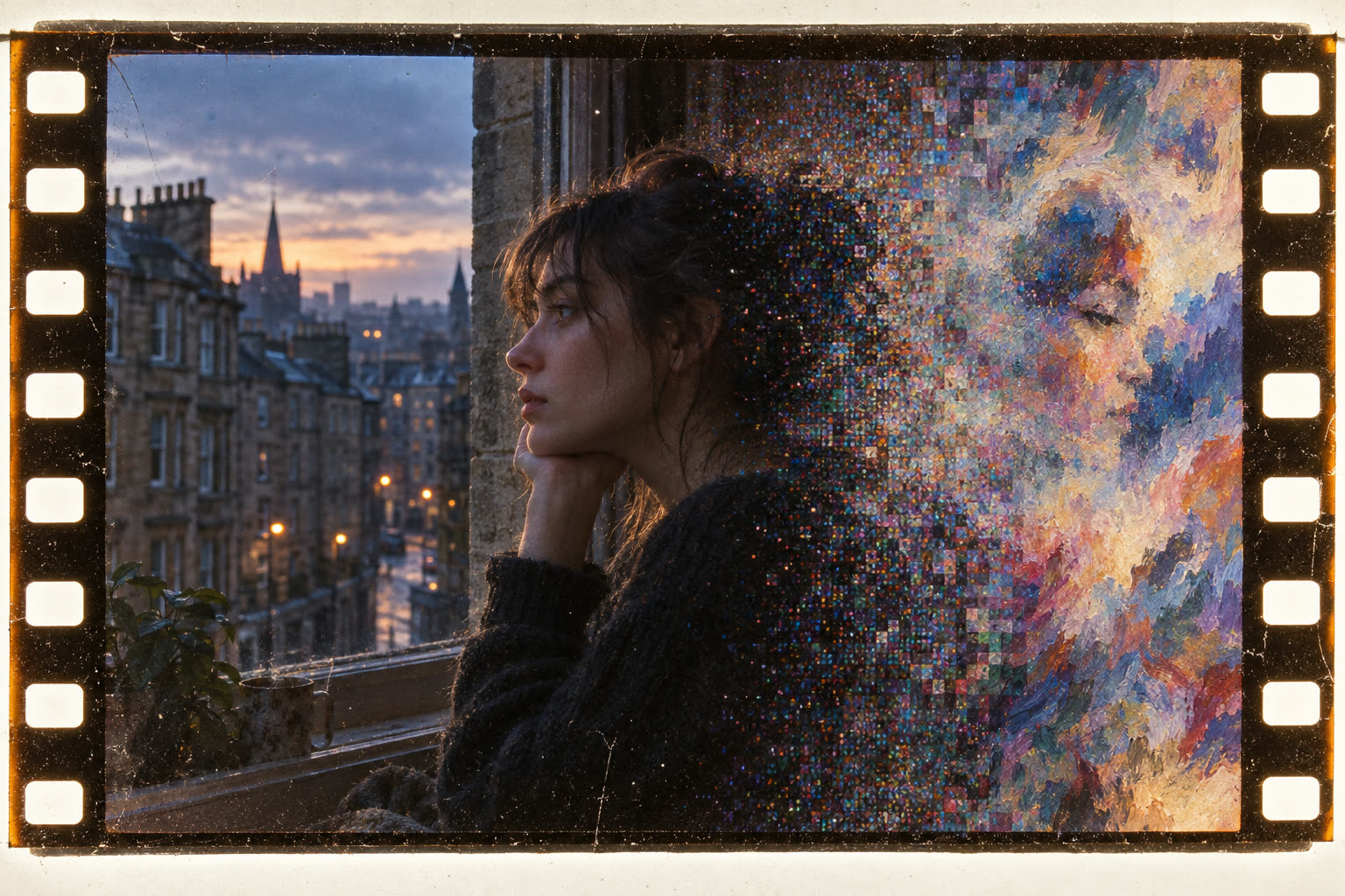 Illustration: a film frame of a woman at a Glasgow window, half of it resolving out of generative noise