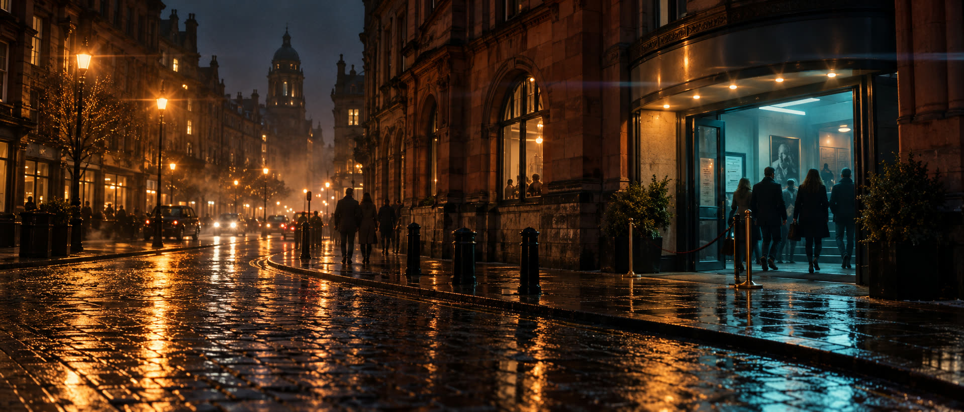 Rain-wet Merchant City street at night with people walking into a lit cinema doorway