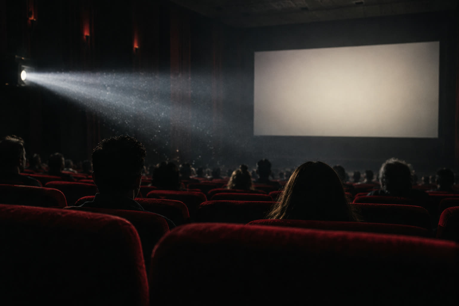 A projector beam cuts through a dark screening room toward the screen