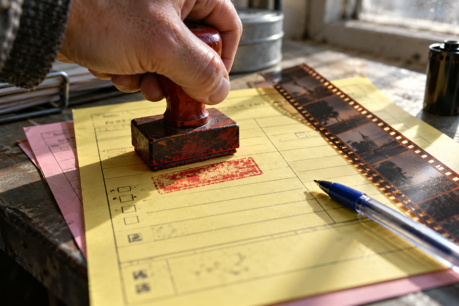 A hand pressing a red rubber stamp onto a yellow submission form